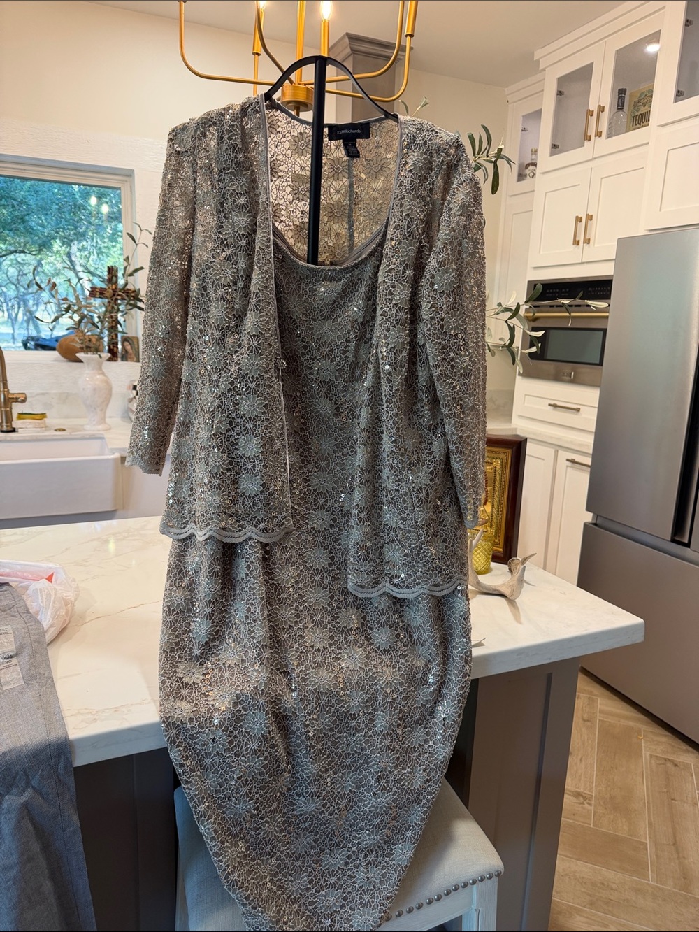 R&M Richards Silver Lace Sequin Midi Dress with Coordinating Jacket